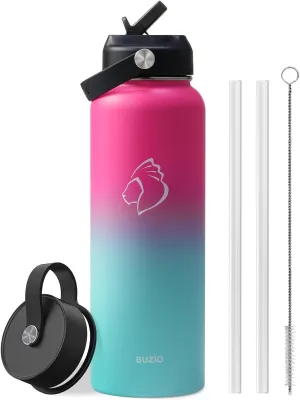 BUZIO Stainless Steel Water Bottle, 40oz Vacuum Insulated Double Wall Leak Proof Sports Water Bottle with Straw Lid and Flex Cap for Gym Travel Camping, Rose and Green