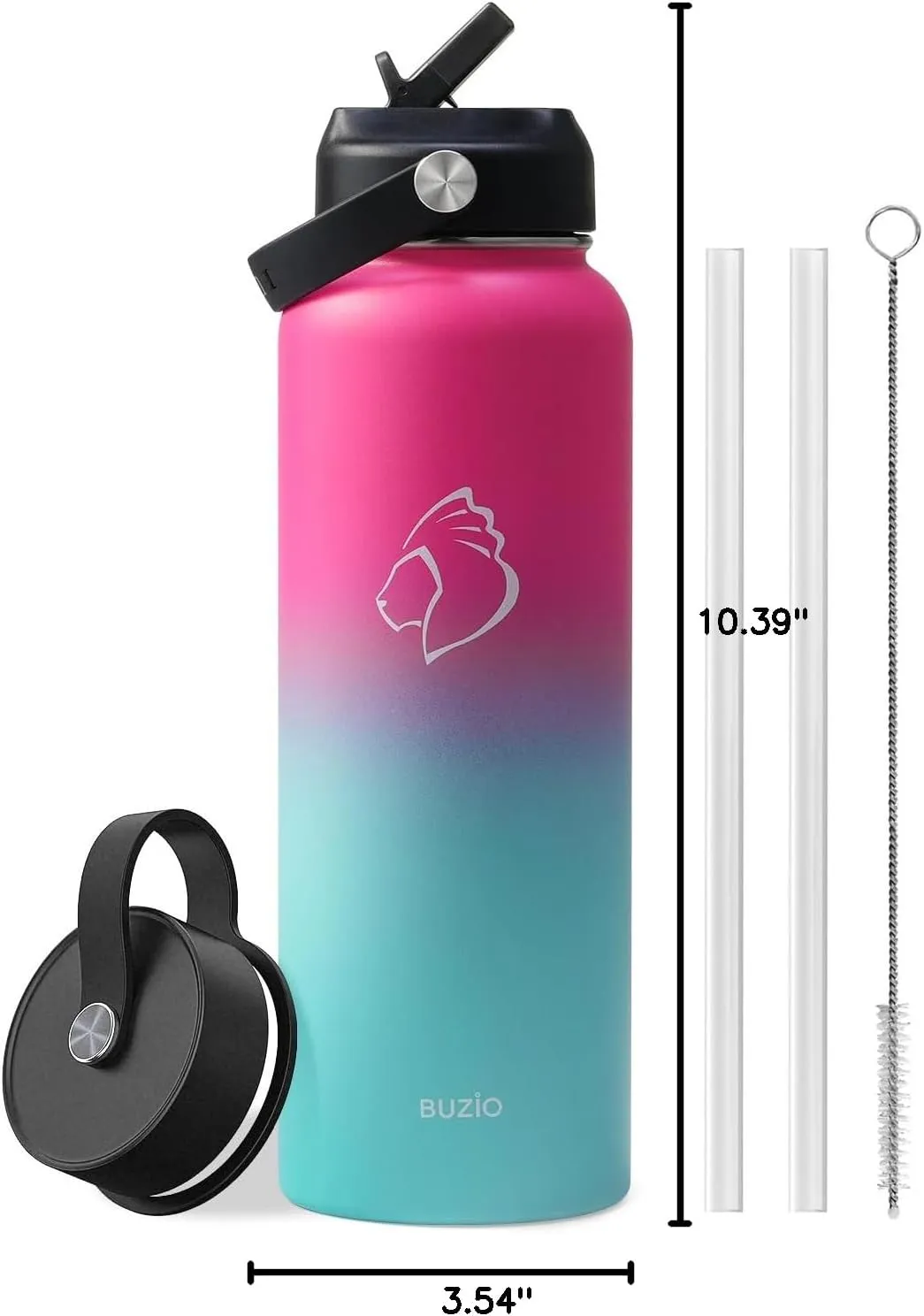 BUZIO Stainless Steel Water Bottle, 40oz Vacuum Insulated Double Wall Leak Proof Sports Water Bottle with Straw Lid and Flex Cap for Gym Travel Camping, Rose and Green