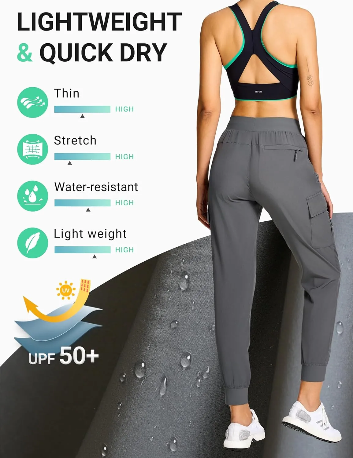 BVVU Women's Cargo Joggers Hiking Pants High Wasited Lightweight Quick Dry with Zipper Pockets Waterproof Athletic Sweatpants