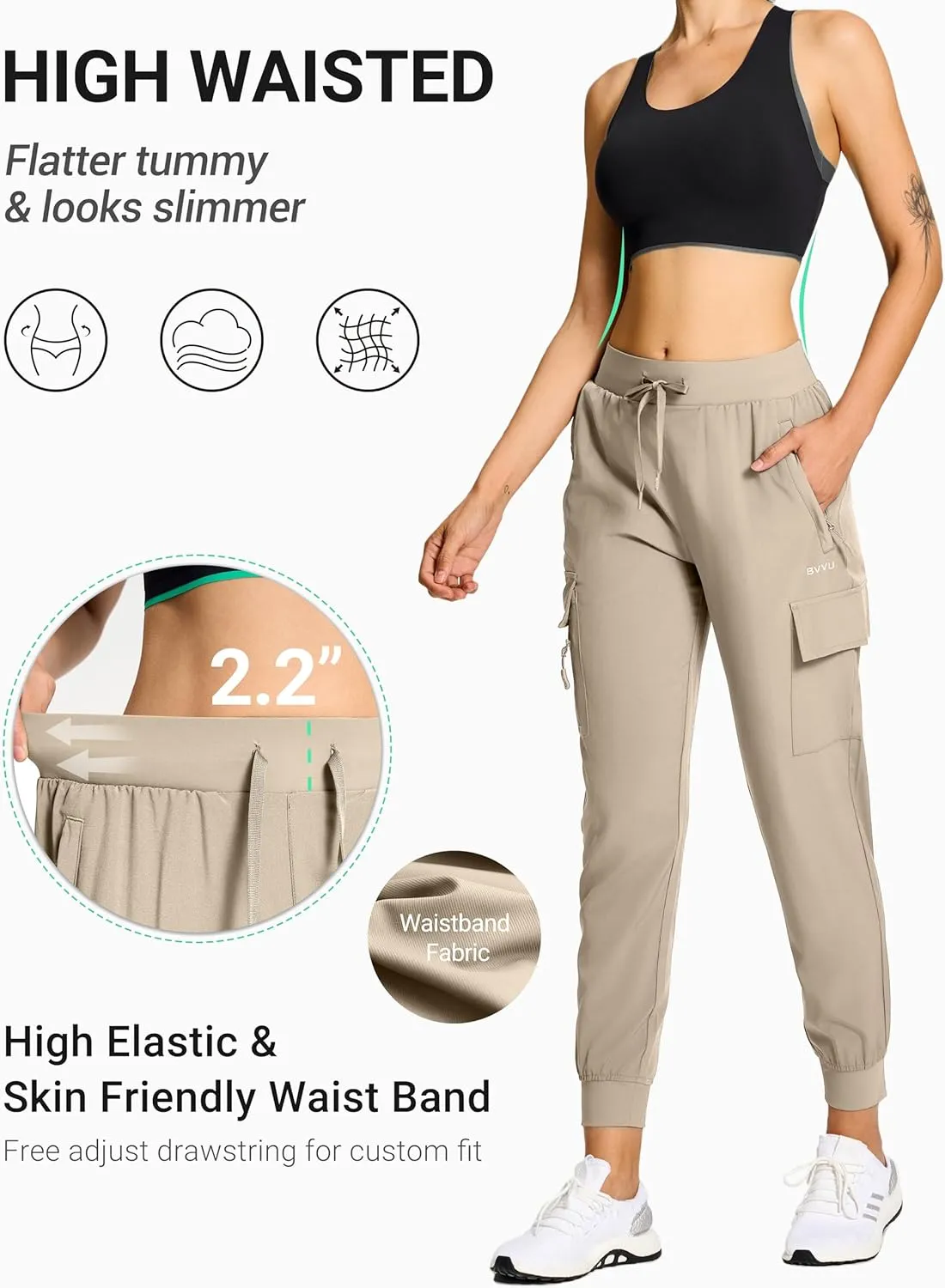 BVVU Women's Cargo Joggers Hiking Pants High Wasited Lightweight Quick Dry with Zipper Pockets Waterproof Athletic Sweatpants