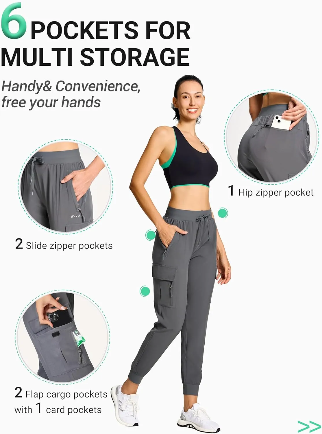 BVVU Women's Cargo Joggers Hiking Pants High Wasited Lightweight Quick Dry with Zipper Pockets Waterproof Athletic Sweatpants
