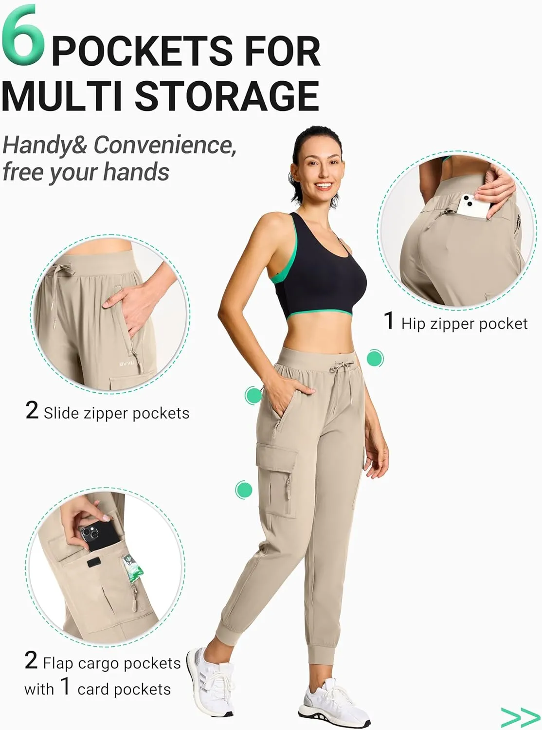 BVVU Women's Cargo Joggers Hiking Pants High Wasited Lightweight Quick Dry with Zipper Pockets Waterproof Athletic Sweatpants