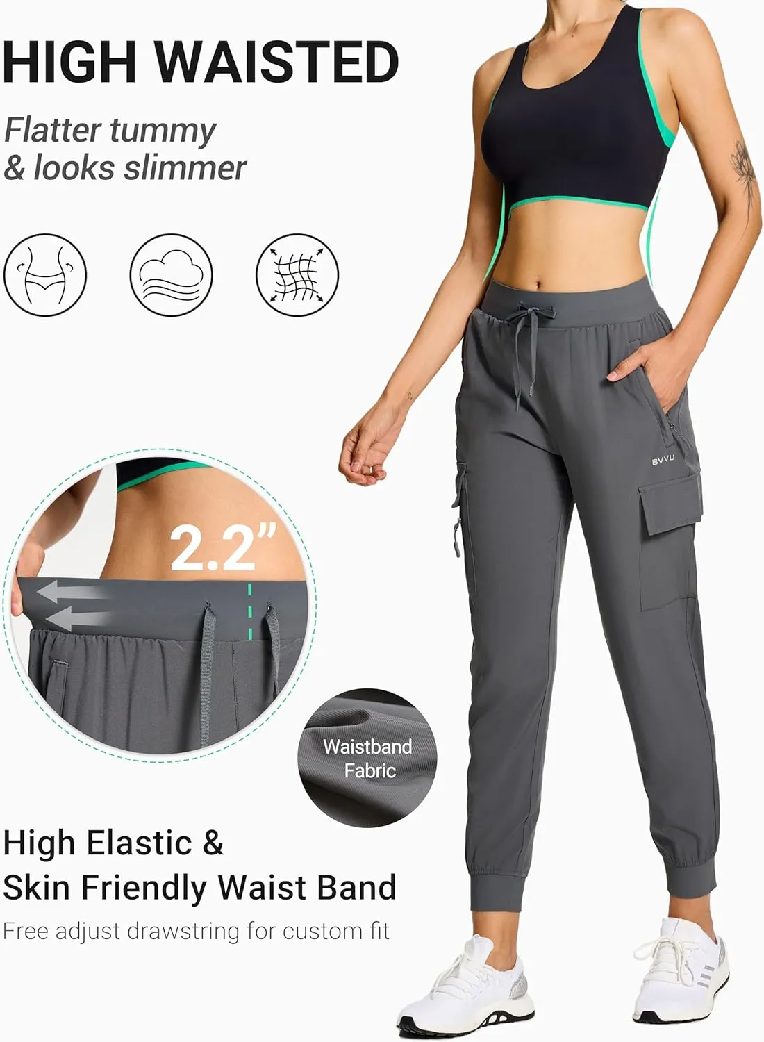 BVVU Women's Cargo Joggers Hiking Pants High Wasited Lightweight Quick Dry with Zipper Pockets Waterproof Athletic Sweatpants