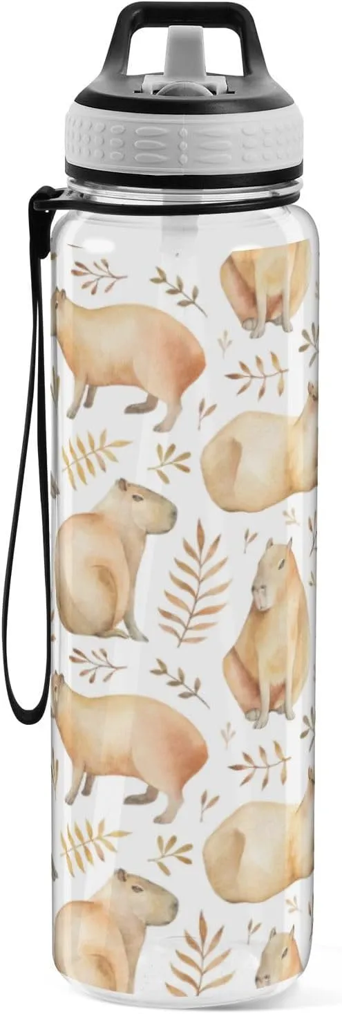 Caikeny Capybaras Water Bottle with Straw Leafs Sports Bottles BPA-Free Tritan Water Jug with Carrying Strap for Gym Office Outdoor Sports