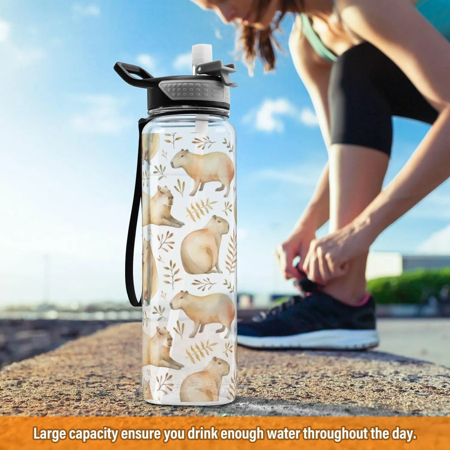 Caikeny Capybaras Water Bottle with Straw Leafs Sports Bottles BPA-Free Tritan Water Jug with Carrying Strap for Gym Office Outdoor Sports