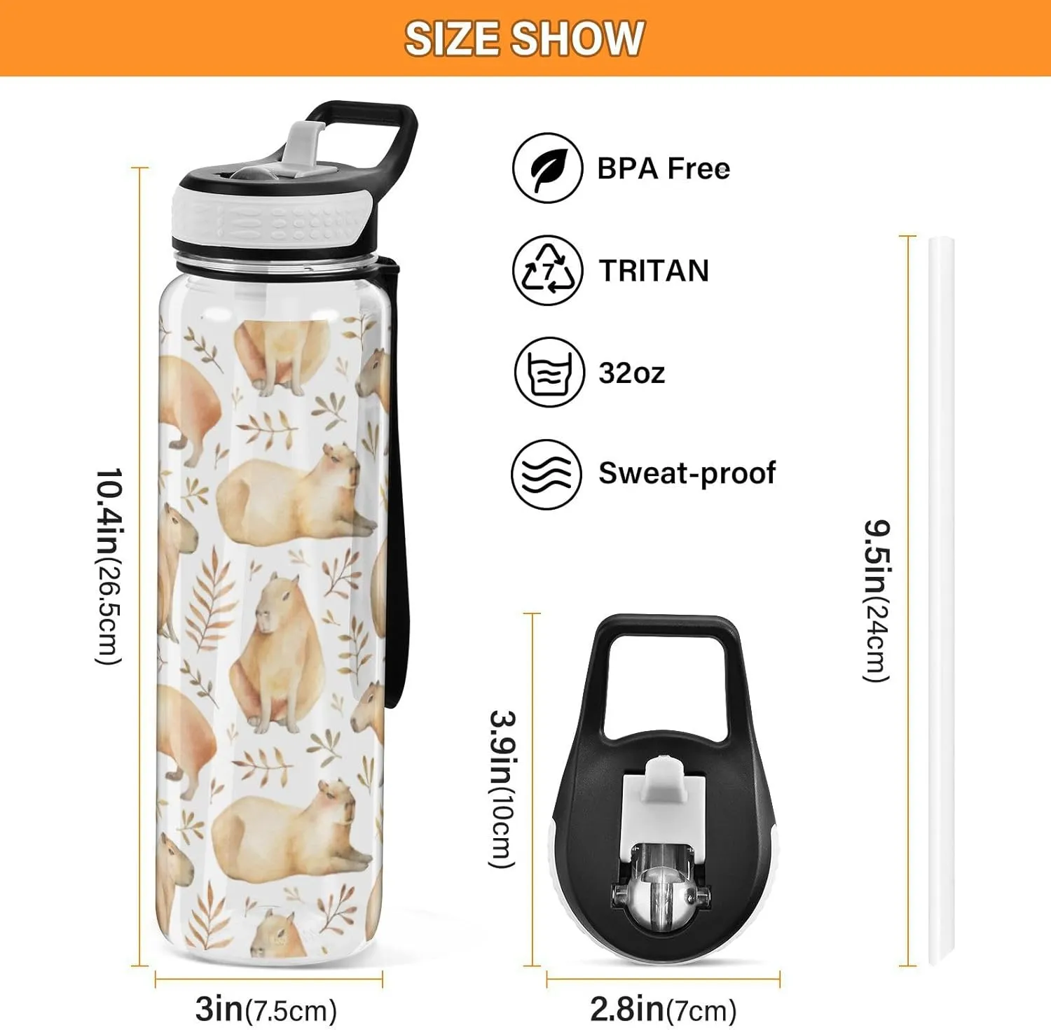 Caikeny Capybaras Water Bottle with Straw Leafs Sports Bottles BPA-Free Tritan Water Jug with Carrying Strap for Gym Office Outdoor Sports