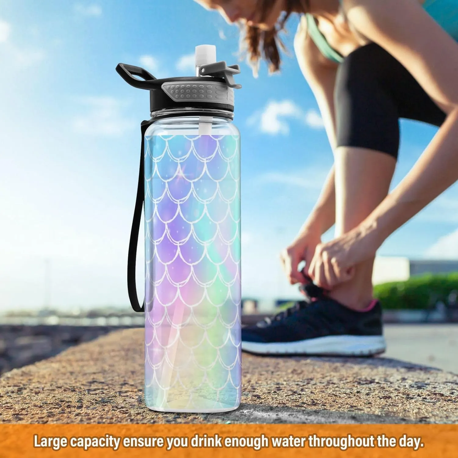 Caikeny Rainbow Scales Pattern Water Bottle with Straw Sports Bottles BPA-Free Tritan Water Jug with Carrying Strap for Women Men Gym Outdoor Sports