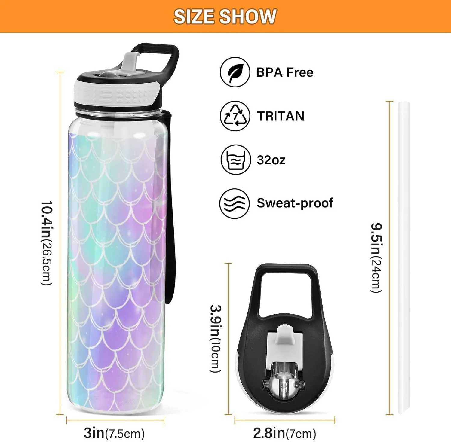 Caikeny Rainbow Scales Pattern Water Bottle with Straw Sports Bottles BPA-Free Tritan Water Jug with Carrying Strap for Women Men Gym Outdoor Sports