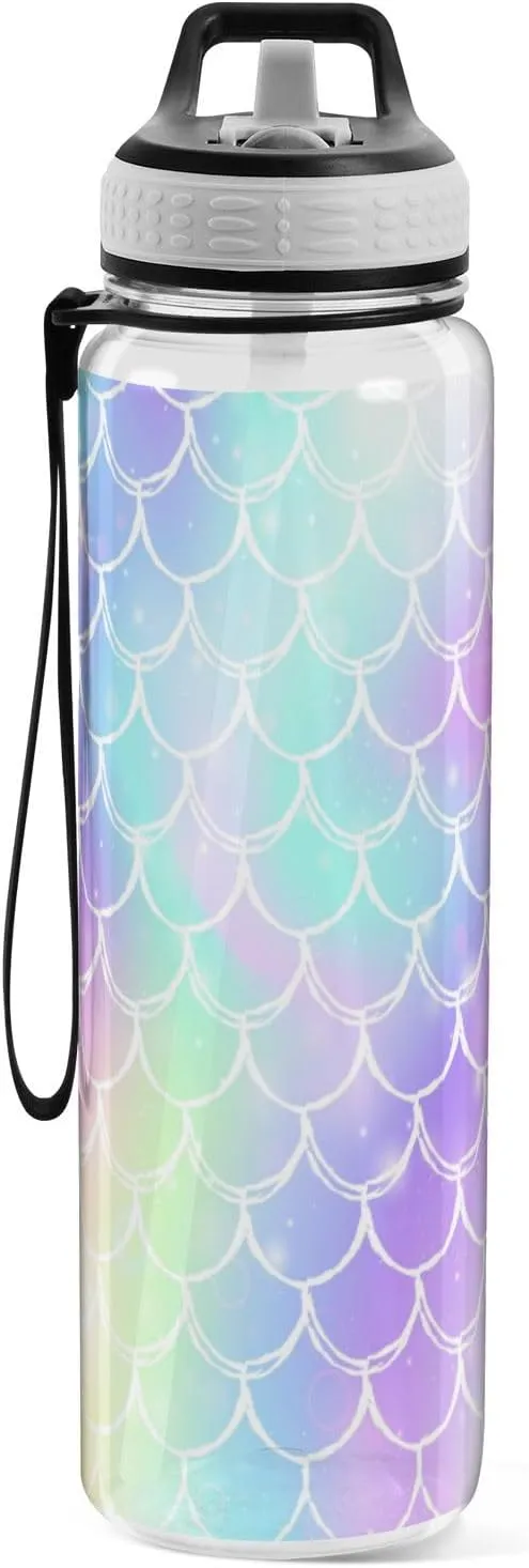 Caikeny Rainbow Scales Pattern Water Bottle with Straw Sports Bottles BPA-Free Tritan Water Jug with Carrying Strap for Women Men Gym Outdoor Sports