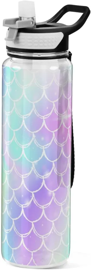 Caikeny Rainbow Scales Pattern Water Bottle with Straw Sports Bottles BPA-Free Tritan Water Jug with Carrying Strap for Women Men Gym Outdoor Sports