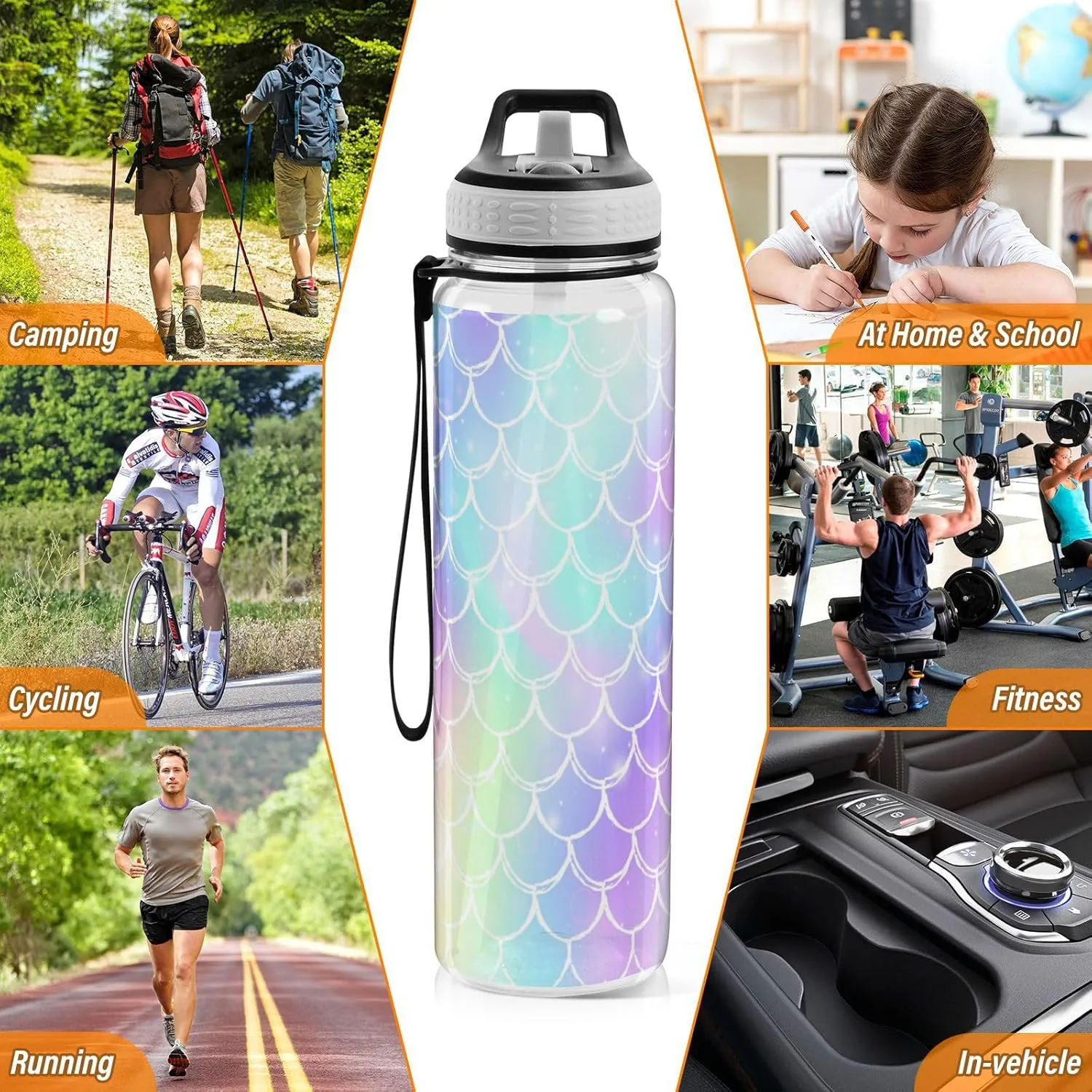 Caikeny Rainbow Scales Pattern Water Bottle with Straw Sports Bottles BPA-Free Tritan Water Jug with Carrying Strap for Women Men Gym Outdoor Sports