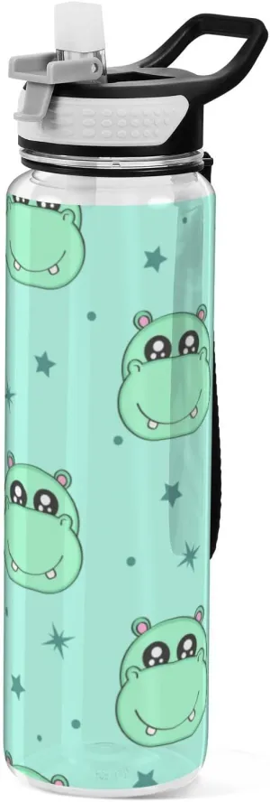 Caikeny Water Bottle with Straw Green Hippo Sports Bottles BPA-Free Tritan Hippopotamus Water Jug with Carrying Strap for Women Men Gym Outdoor Sports