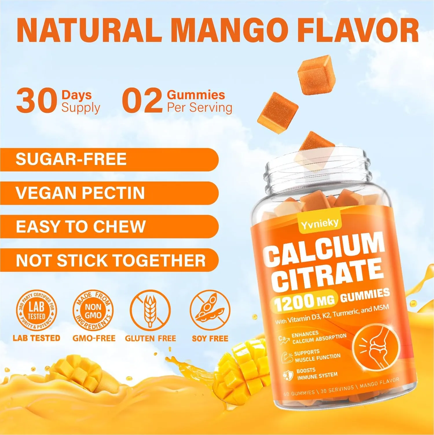 Calcium 1200 mg with Vitamin D3 Supplement Gummies for Adults - Calcium Citrate with Vitamin D3, K2, Turmeric, MSM for Women Men - Support Strength Muscle Immune - Sugar Free, Natural Mango Flavor