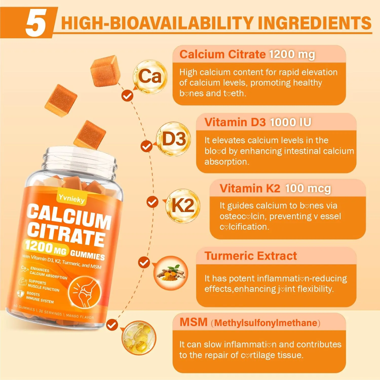 Calcium 1200 mg with Vitamin D3 Supplement Gummies for Adults - Calcium Citrate with Vitamin D3, K2, Turmeric, MSM for Women Men - Support Strength Muscle Immune - Sugar Free, Natural Mango Flavor