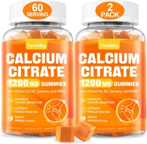 Calcium 1200 mg with Vitamin D3 Supplement Gummies for Adults - Calcium Citrate with Vitamin D3, K2, Turmeric, MSM for Women Men - Support Strength Muscle Immune - Sugar Free, Natural Mango Flavor