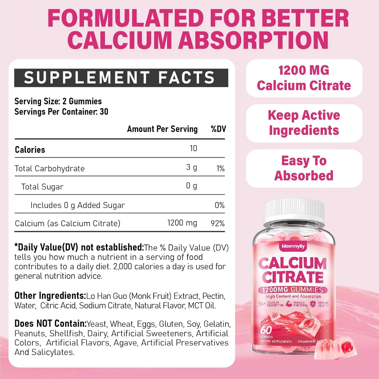 Calcium Citrate Gummies 1200 mg for Adults: Ultimate Absorption Calcium Supplement for Women & Men - Easy to Digest, Vegan - Supports B0ne Strength, Muscle, Immune