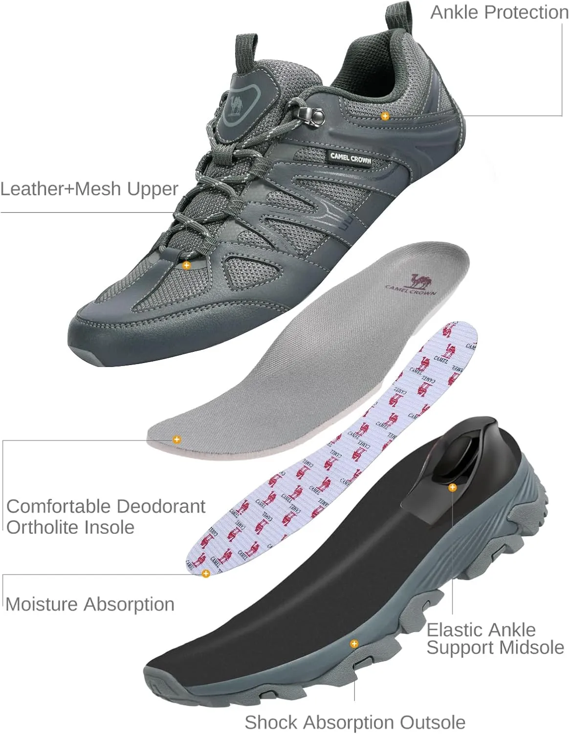 CAMEL CROWN Hiking Shoes Men Breathable Non-Slip Sneakers Lightweight Low Top for Outdoor Trailing Trekking Walking