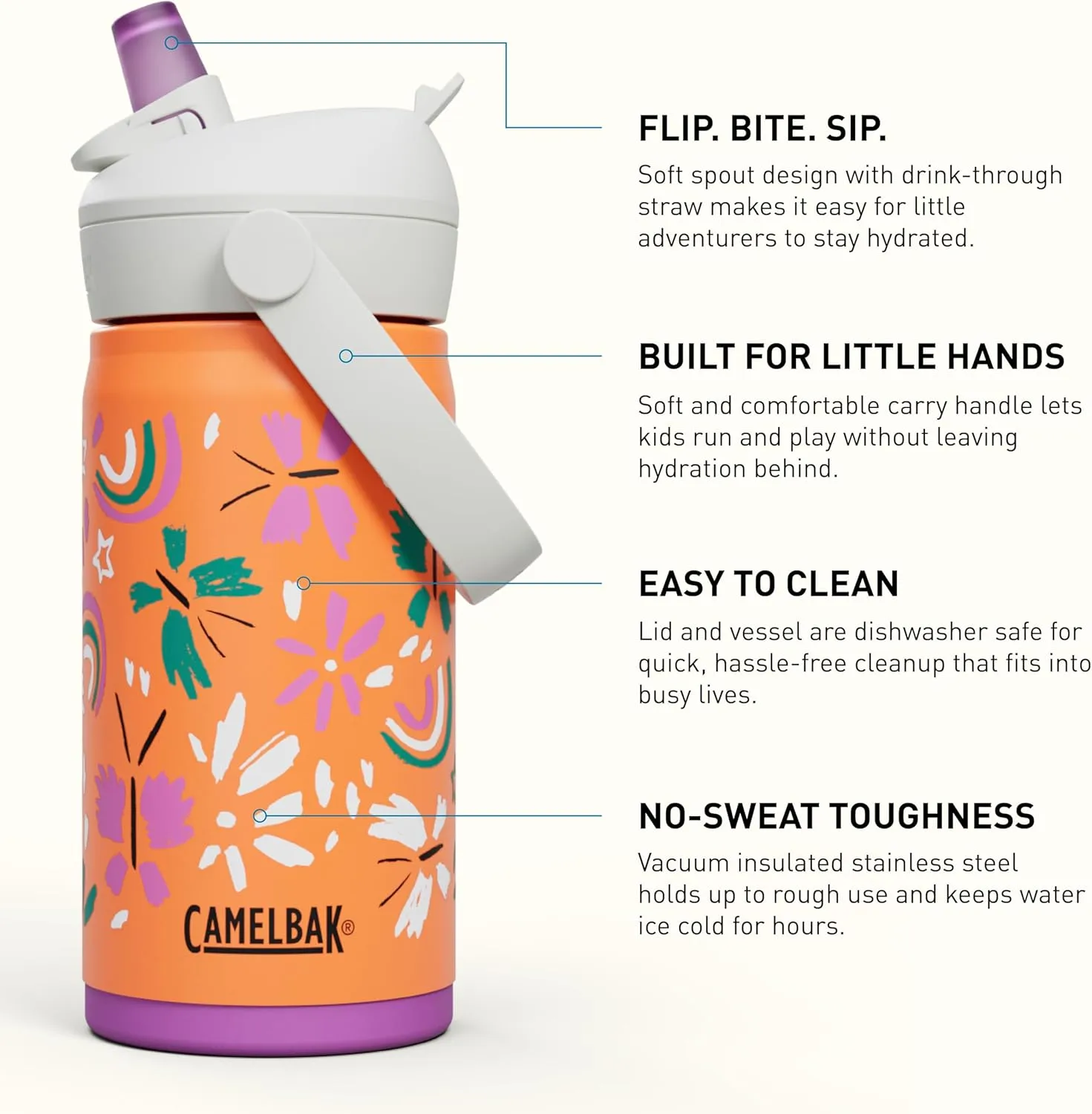 CamelBak Thrive Flip Straw Kids Bite Valve Insulated Stainless Steel Water Bottle Butterfly Rainbow, 12oz