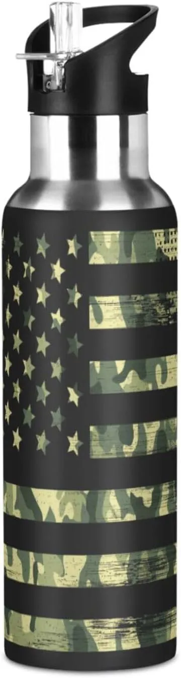 Camo American Flag Water Bottle with Straw Lid 20oz Leakproof Vacuum Insulated Stainless Steel Sport Water Bottles for Gym, School, Travel