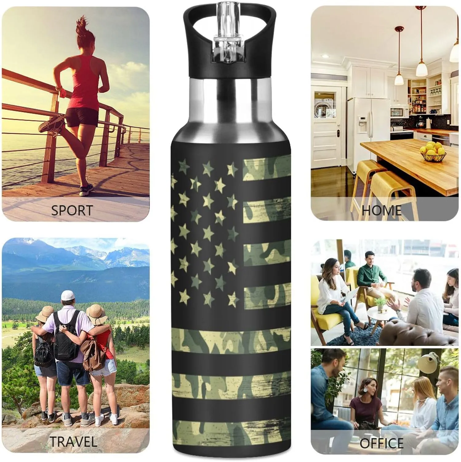 Camo American Flag Water Bottle with Straw Lid 20oz Leakproof Vacuum Insulated Stainless Steel Sport Water Bottles for Gym, School, Travel