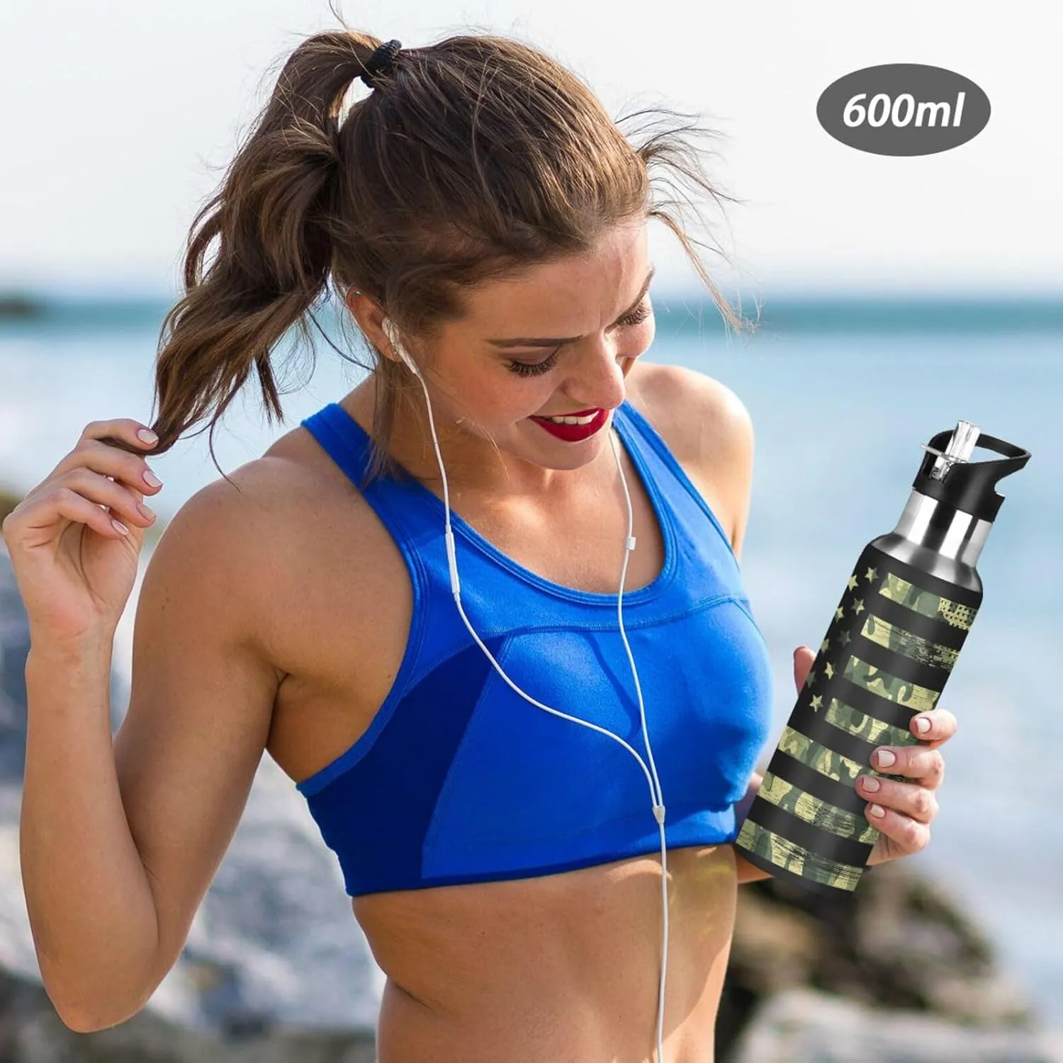 Camo American Flag Water Bottle with Straw Lid 20oz Leakproof Vacuum Insulated Stainless Steel Sport Water Bottles for Gym, School, Travel