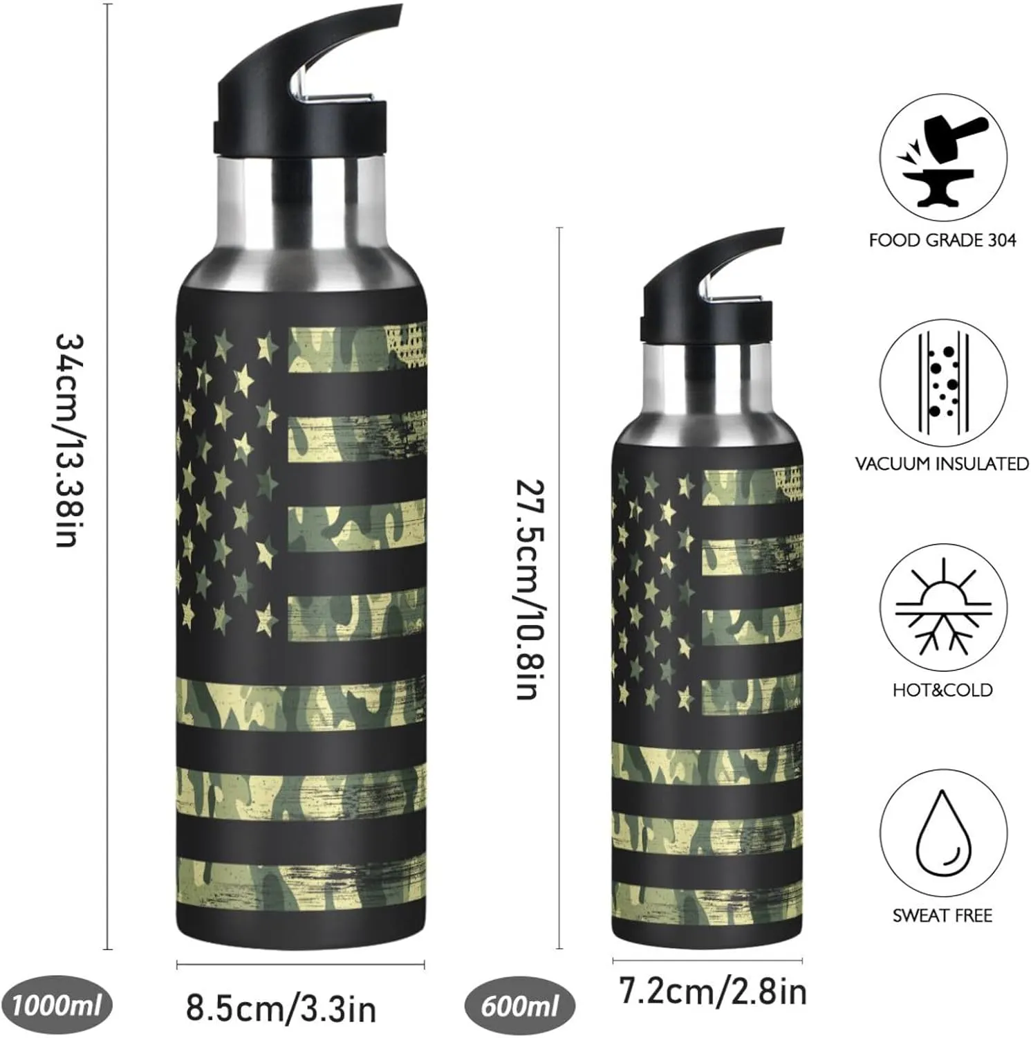Camo American Flag Water Bottle with Straw Lid 20oz Leakproof Vacuum Insulated Stainless Steel Sport Water Bottles for Gym, School, Travel