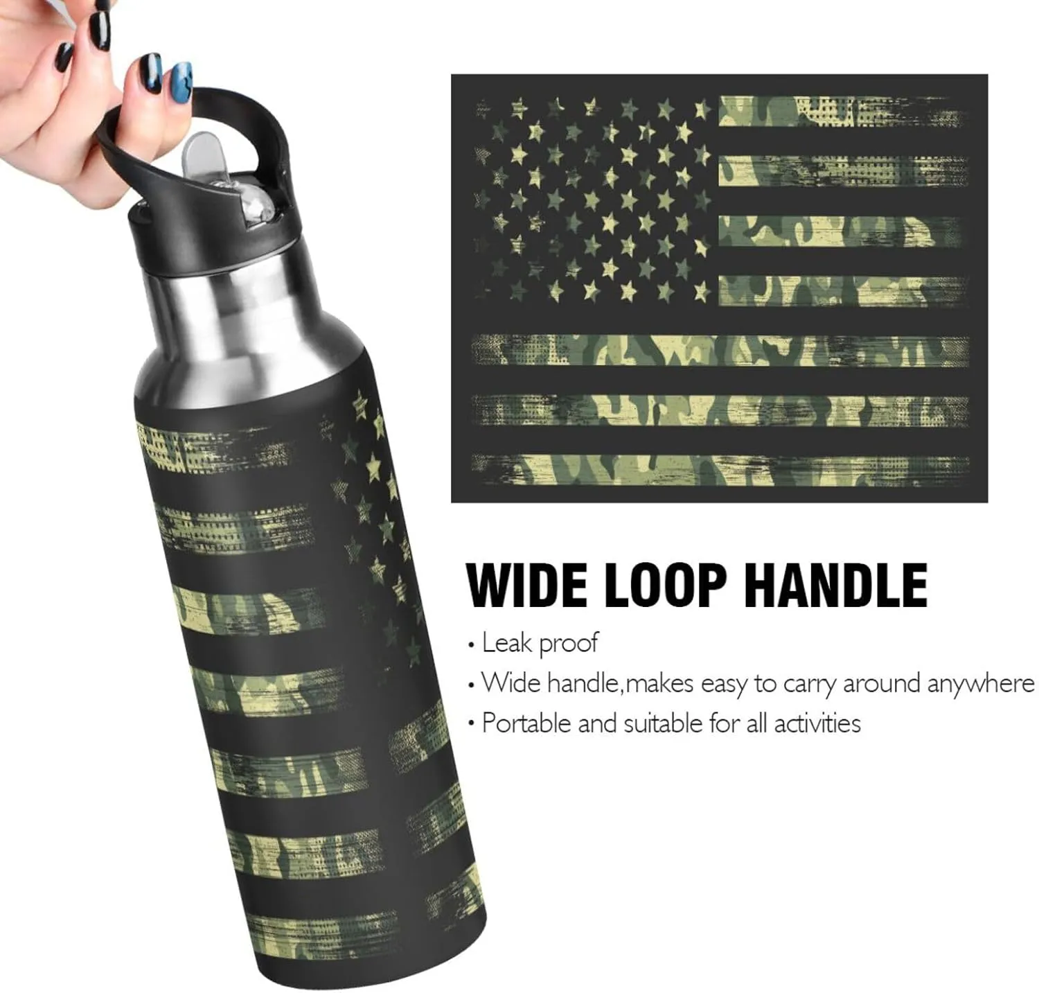 Camo American Flag Water Bottle with Straw Lid 20oz Leakproof Vacuum Insulated Stainless Steel Sport Water Bottles for Gym, School, Travel