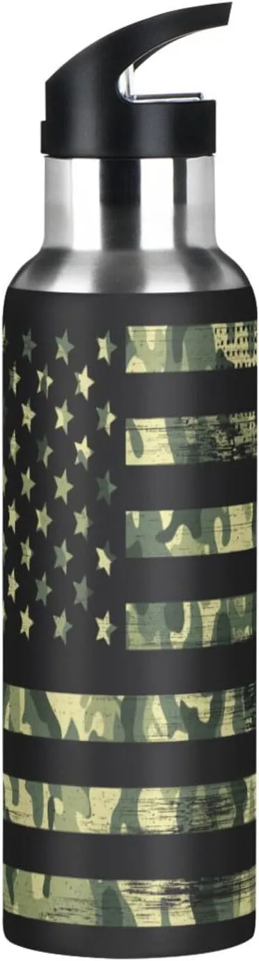 Camo American Flag Water Bottle with Straw Lid 20oz Leakproof Vacuum Insulated Stainless Steel Sport Water Bottles for Gym, School, Travel