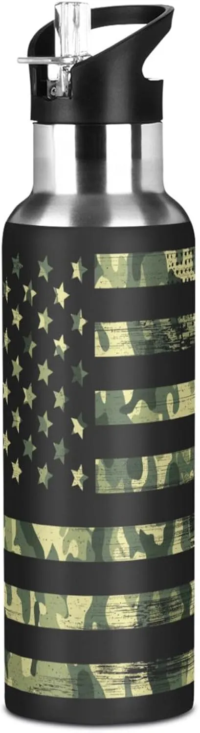 Camo American Flag Water Bottle with Straw Lid 20oz Leakproof Vacuum Insulated Stainless Steel Sport Water Bottles for Gym, School, Travel