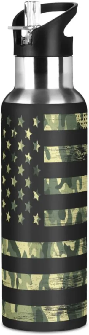 Camo American Flag Water Bottle with Straw Lid 20oz Leakproof Vacuum Insulated Stainless Steel Sport Water Bottles for Gym, School, Travel