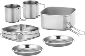 Camping Cookware Set Stainless Steel Pot Skillet Plates Cups Compact Portable for Camping Hiking Fishing