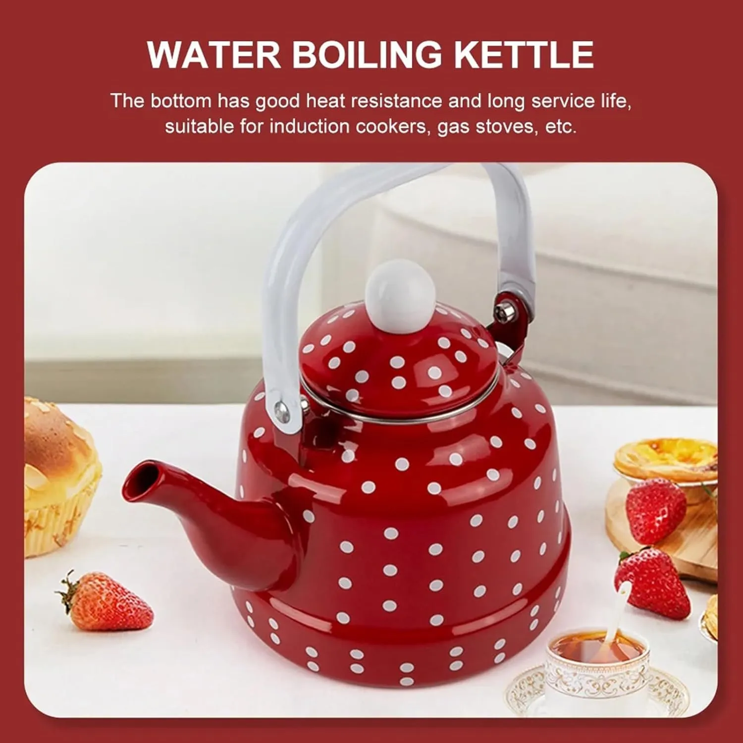 Camping Kettle, Enamel Teapot for Stove Top Red Polka Dot Coffee Tea Pot, Vintage Enameled Tea Kettles(2.5L)
