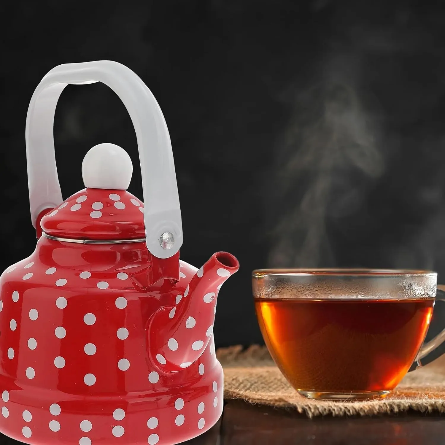 Camping Kettle, Enamel Teapot for Stove Top Red Polka Dot Coffee Tea Pot, Vintage Enameled Tea Kettles(2.5L)