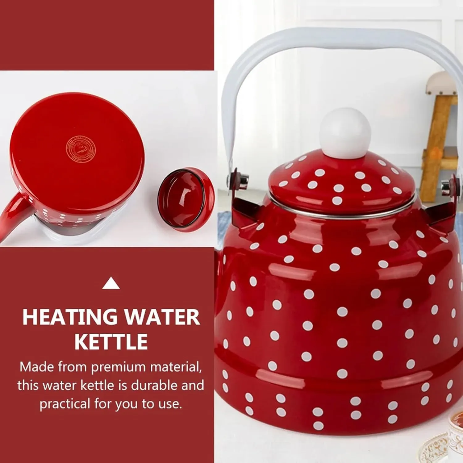 Camping Kettle, Enamel Teapot for Stove Top Red Polka Dot Coffee Tea Pot, Vintage Enameled Tea Kettles(2.5L)