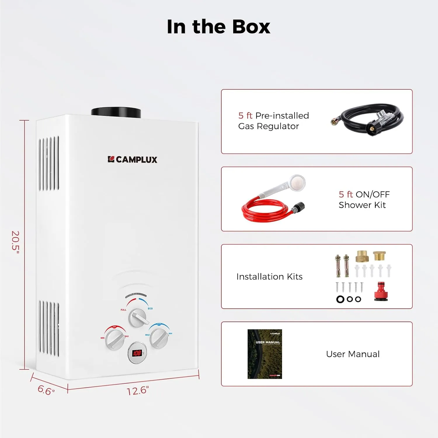 CAMPLUX Propane Water Heater, 2.11GPM Portable Water Heater for Camping, 55,000 BTU Portable Hot Water Heater Outdoor, BW211, White