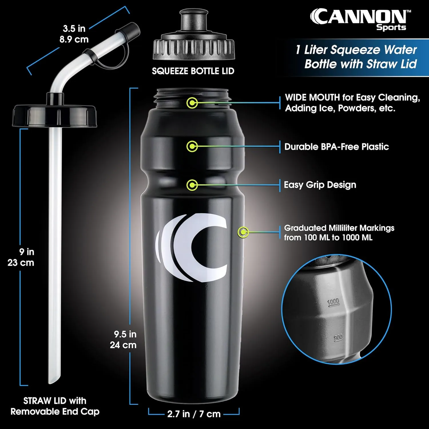 Cannon Sports 1 Liter Sports Water Bottle, BPA-Free, 34 Oz Capacity, Large Mouth, 2 lids (Straw and Squeeze), Great For Helmet Sports Such As Hockey, Lacrosse, Football, Boxing (2 Pack) (Black)