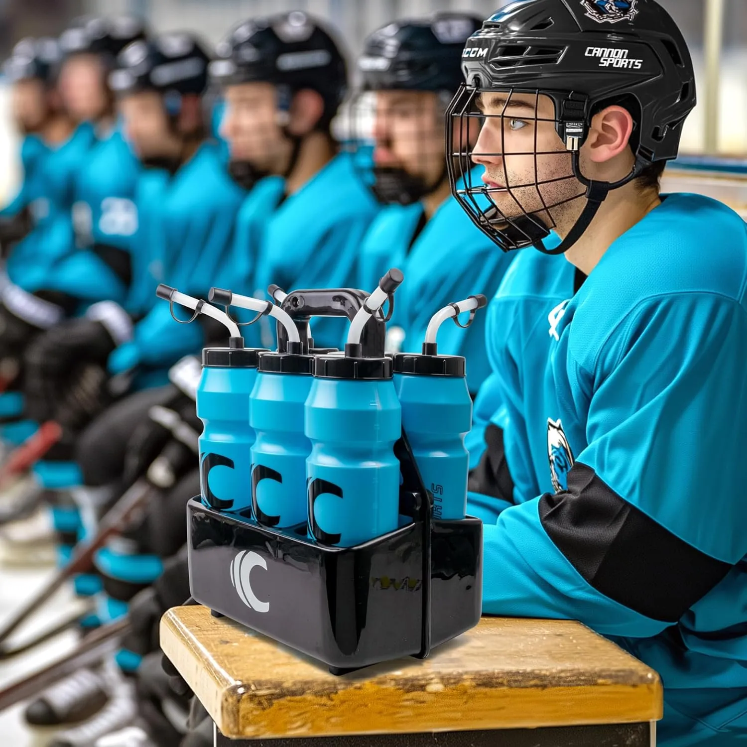 Cannon Sports 1 Liter Sports Water Bottle, BPA-Free, 34oz Capacity, Large Mouth, 2 lids (Straw & Squeeze) with Carrier, Great For Helmet Sports Such As Hockey, Lacrosse, Football, Boxing (Light Blue)