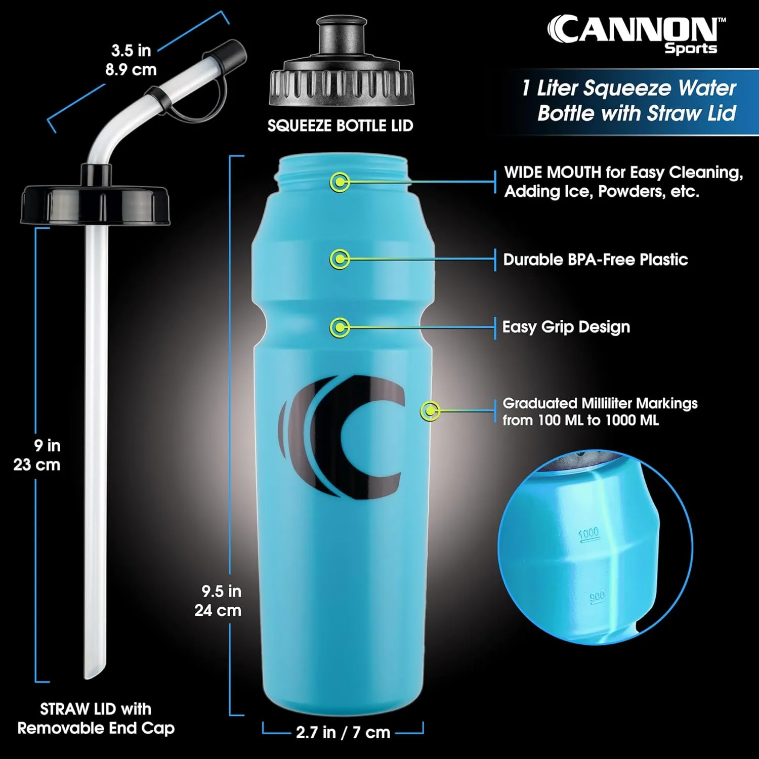 Cannon Sports 1 Liter Sports Water Bottle, BPA-Free, 34oz Capacity, Large Mouth, 2 lids (Straw & Squeeze) with Carrier, Great For Helmet Sports Such As Hockey, Lacrosse, Football, Boxing (Light Blue)