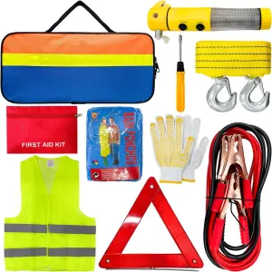 Car Roadside Emergency Kit, Roadside Safety Tool Kit Assistance Bag with Jumper Cables, First Aid Kit, Tow Rope, Safety Hammer, Reflective Triangle for Car Vehicle Truck SUV