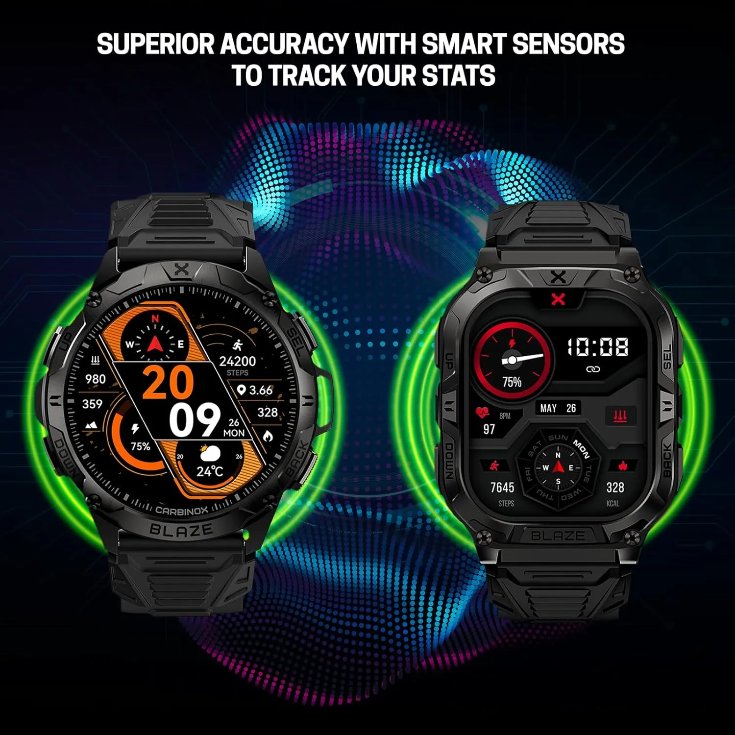 CARBINOX Blaze Smart Watch with GPS (Sport Mode), Rugged Fitness Tracker Waterproof IP69K, Compatible with Android and iOS, 170  Sports Modes, Gorilla Glass Screen, Make/Receive Calls (Square)