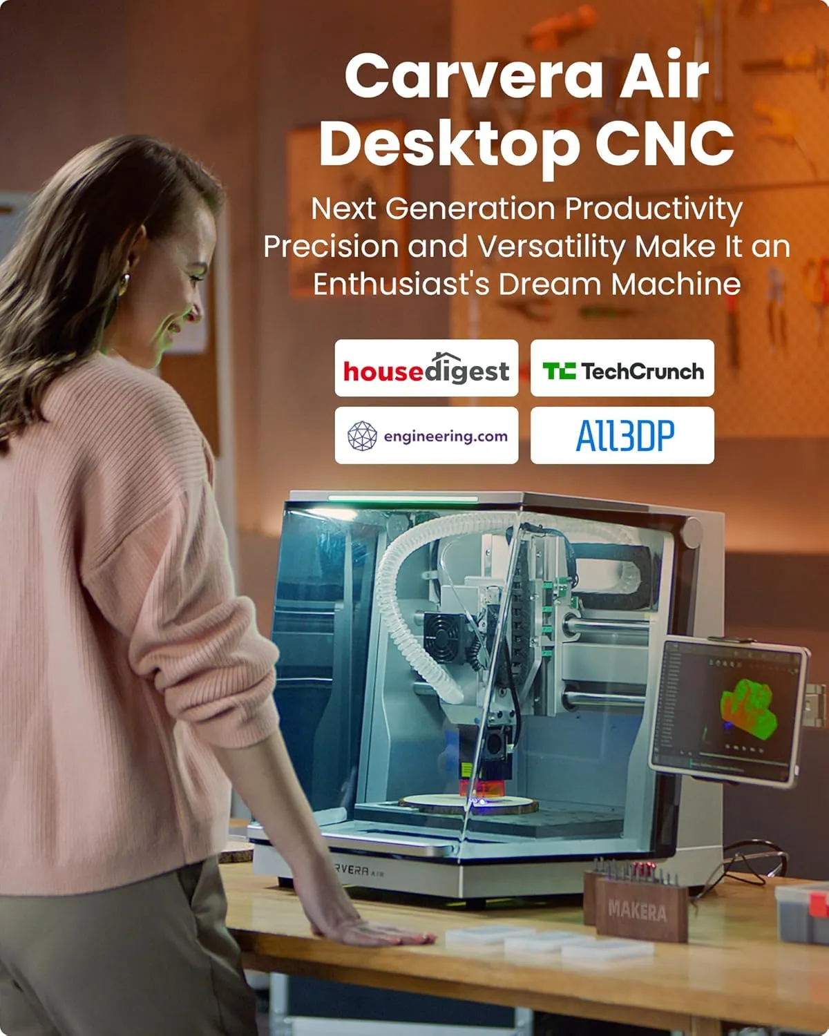 Carvera Air Desktop CNC Machine with 4th Axis, Compact Enclosed Mini CNC Router, Quick Tool Changer, Closed-Loop Control, Beginner-Friendly CAM Software for Milling, Cutting, Engraving, DIY, Crafts