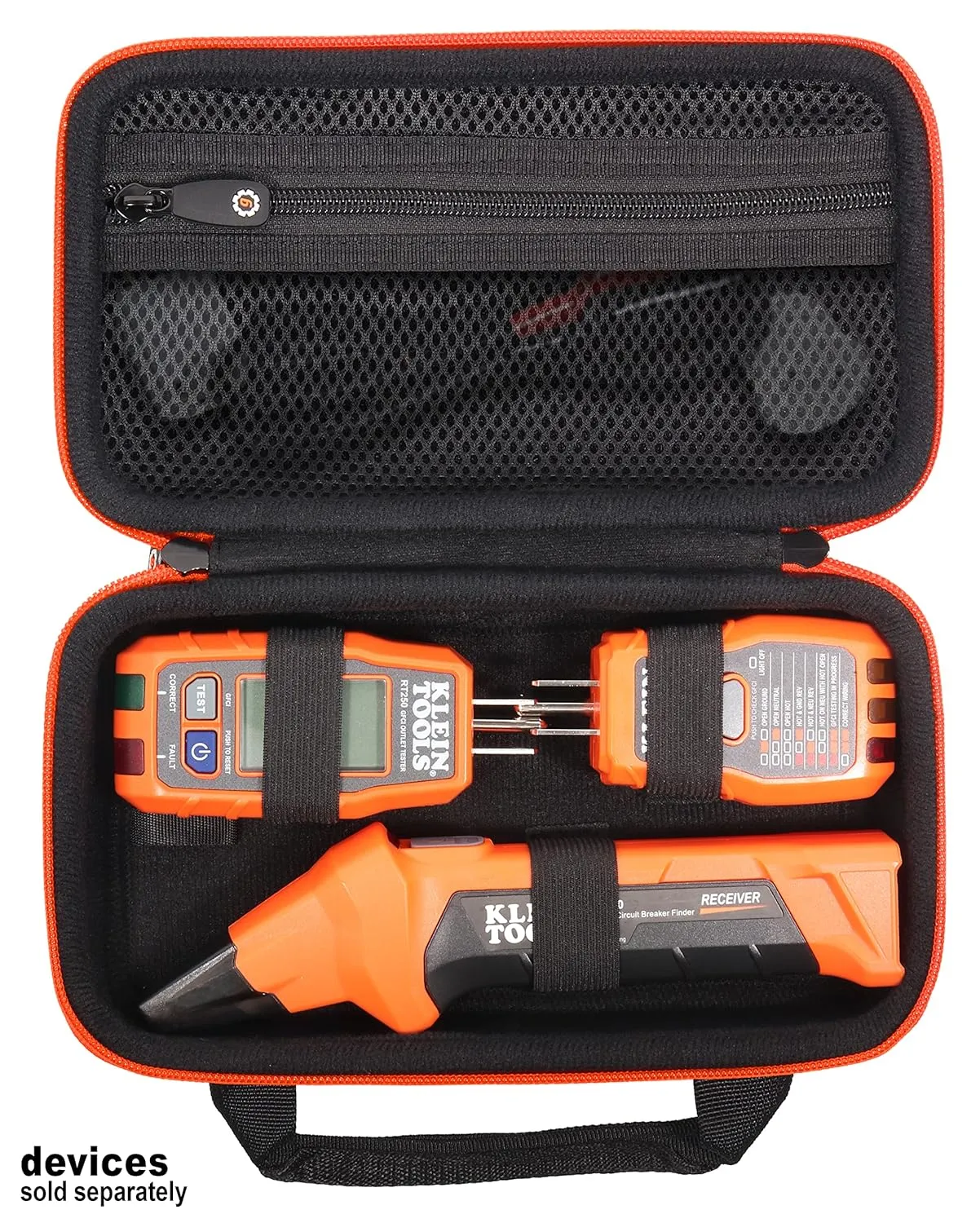 CaseSack case for Klein Tools 80016, ET310 AC Circuit Breaker Finder, Integrated GFCI Outlet Tester, RT310 Receptacle and Accessory Kit (Black with orange zipper)