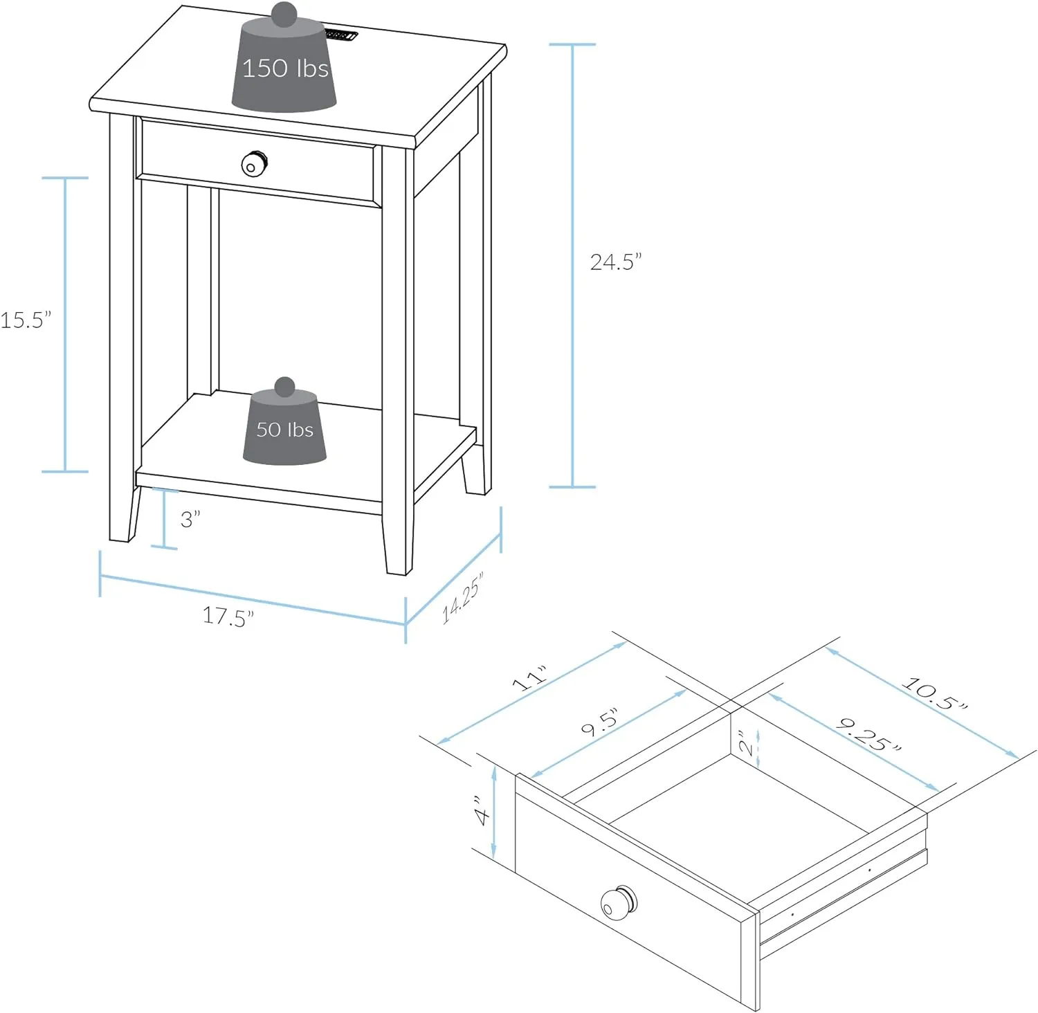 Casual Home Owl White Night Stand with USB Port , 17.5 in x 14.25 in x 24.5 in (W x L x H)