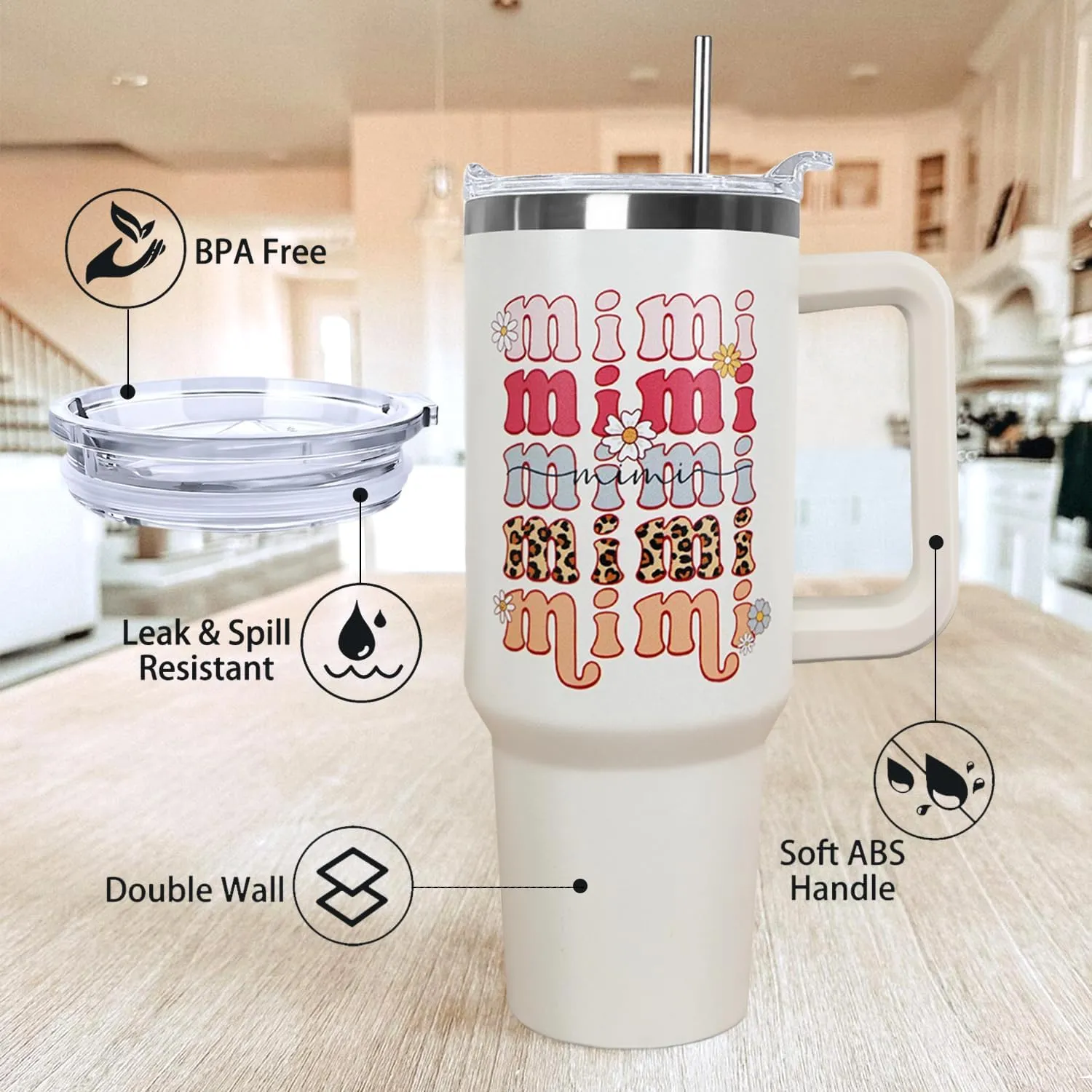 Ceovfoi 40 oz Mimi Vacuum Insulated Water Bottle Travel Coffee Mug Cup Tumbler with Handle Lid and Straw, Mothers Day Mimi Gifts for Grandmother
