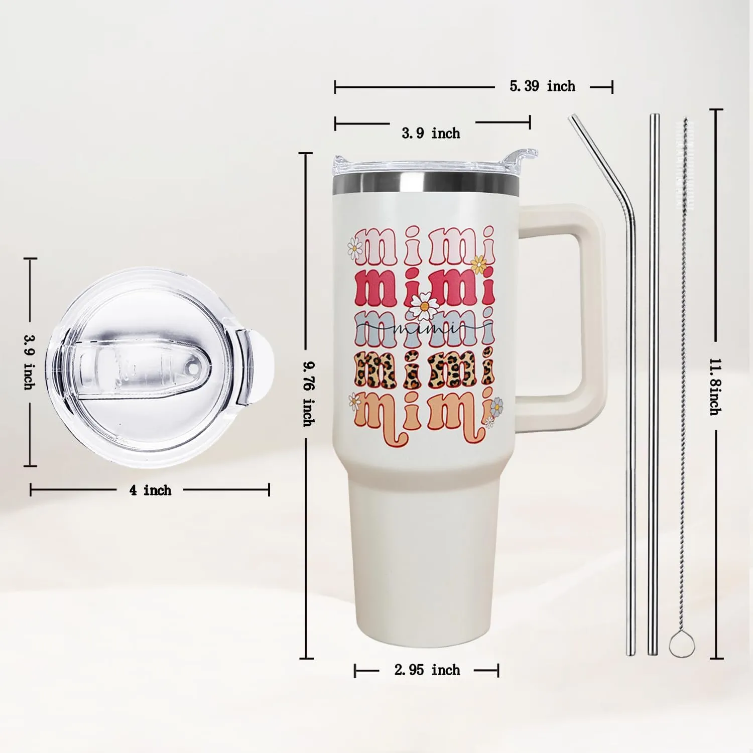 Ceovfoi 40 oz Mimi Vacuum Insulated Water Bottle Travel Coffee Mug Cup Tumbler with Handle Lid and Straw, Mothers Day Mimi Gifts for Grandmother