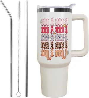 Ceovfoi 40 oz Mimi Vacuum Insulated Water Bottle Travel Coffee Mug Cup Tumbler with Handle Lid and Straw, Mothers Day Mimi Gifts for Grandmother