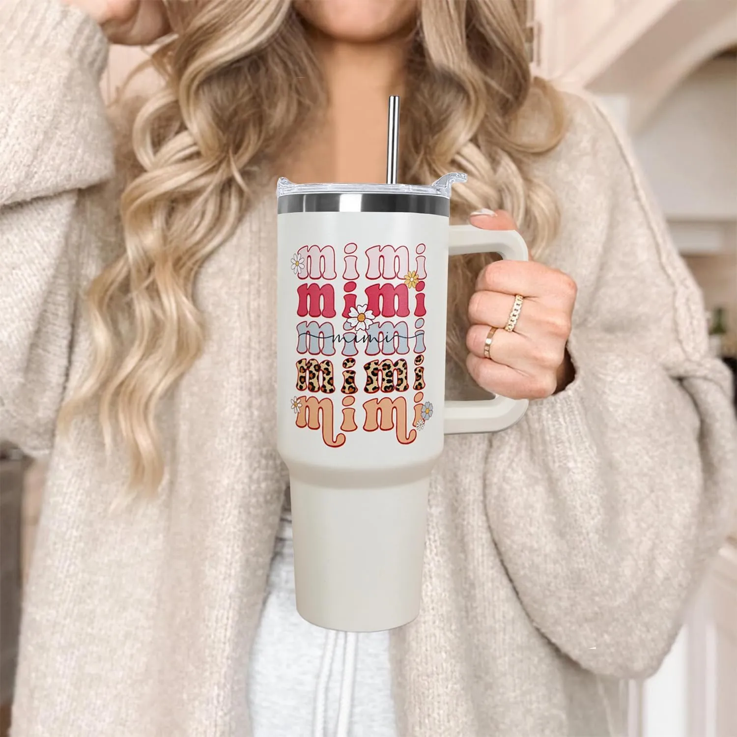 Ceovfoi 40 oz Mimi Vacuum Insulated Water Bottle Travel Coffee Mug Cup Tumbler with Handle Lid and Straw, Mothers Day Mimi Gifts for Grandmother