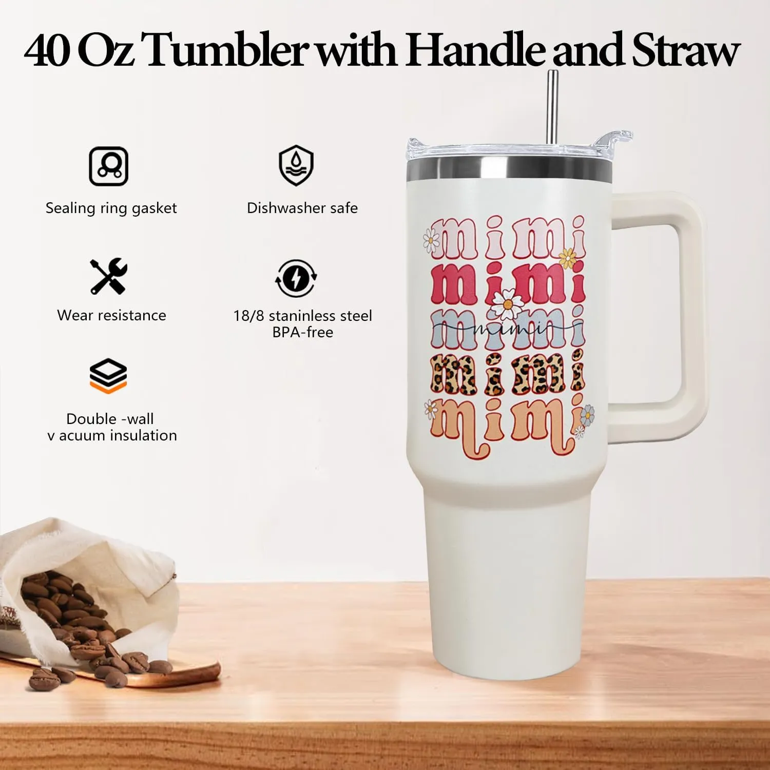 Ceovfoi 40 oz Mimi Vacuum Insulated Water Bottle Travel Coffee Mug Cup Tumbler with Handle Lid and Straw, Mothers Day Mimi Gifts for Grandmother