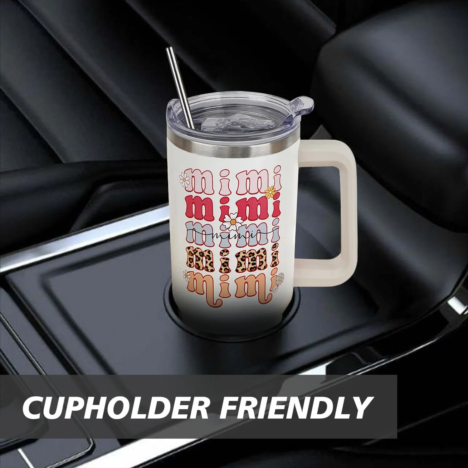 Ceovfoi 40 oz Mimi Vacuum Insulated Water Bottle Travel Coffee Mug Cup Tumbler with Handle Lid and Straw, Mothers Day Mimi Gifts for Grandmother