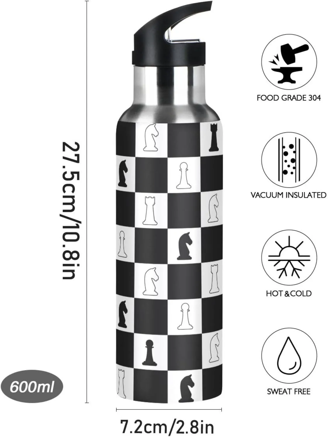 Chess Background Water Bottle with Straw Lid,Leakproof Vacuum Insulated Stainless Steel,20 Oz Hot Cold Thermal Flask Drinking Bottle for Gym Fitness Outdoor Sport